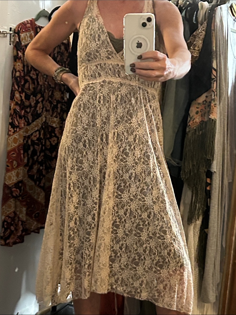 V-Neck Sleeveless Lace Midi Dress in Cream